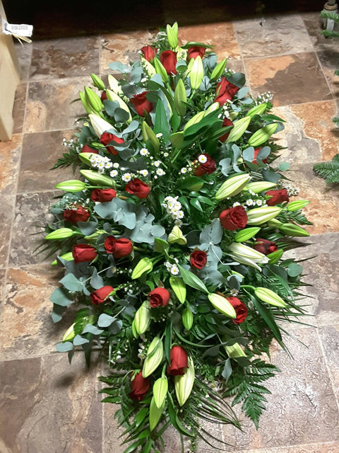 Red Roses and Lily Coffin Spray